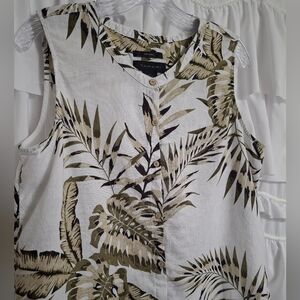 Tahari Olive and White Tropical Print Button Down Shirt